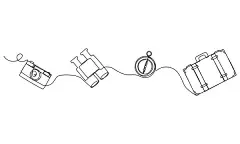 一笔画 | 图源免费EPS文件 |以连续单线艺术风格绘制的相机、双筒望远镜、指南针和行李箱。旅行概念。简单的矢量插画