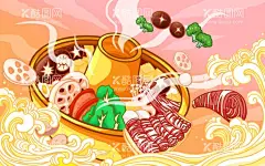 火锅美食插画  - 源文件下载【酷图网】火锅插画,美食插画,浪花插画,藕素材,火锅手绘素材,手绘浪花素材,羊肉卷,火锅素材,火锅,火锅海报,火锅挂布,火锅宣传,火锅挂画,火锅吊旗,火锅广告,火锅促销