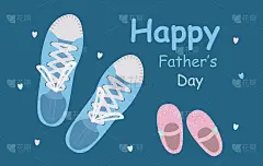 父亲节海报或横幅模板与父亲运动鞋和小鞋子的女儿在蓝色背景。向量的促销模板。