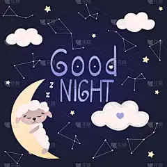 可爱的羊角色睡在月亮上，云彩、星辰和周围的花纹，晚安书信、贺卡