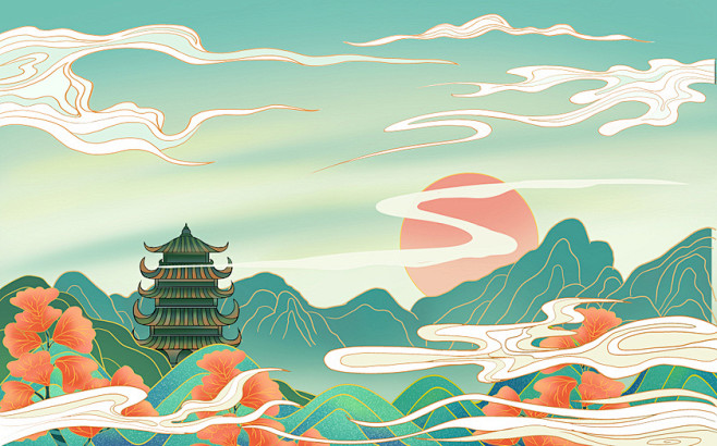 工笔唯美清新国潮风背景素材国潮风中国风流云风景塔植物山背景插画