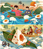 103中国风手绘传统赛龙舟粽子国潮风肌理端午节插画海报PSD素材图-淘宝网