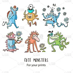 设置可爱的卡通怪物。神奇的生物集合。有趣的动物贴纸包。线条艺术涂鸦海报。