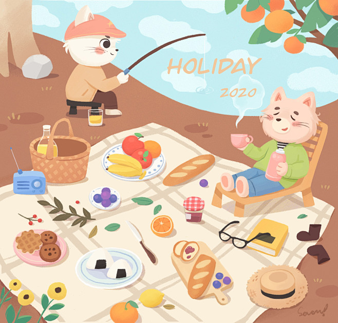 儿童插画 猫 野餐 钓鱼 面包 绘本 卡...