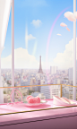 a pink box with flowers in it, white curtains，in the style of grandiose cityscape views, the Eiffel Tower in the city, sun halo in the foreground,anime inspired, glass as material, soft and dreamy atmosphere, spectacular backdrops, playful details, spatia