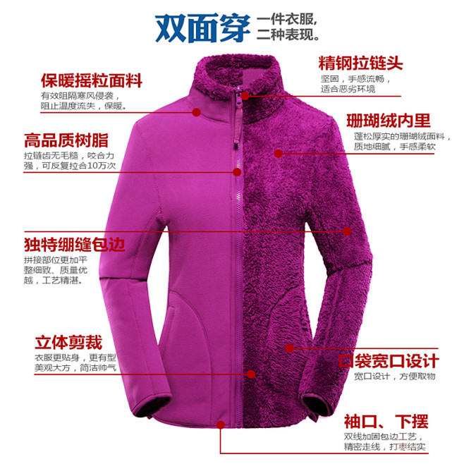 波克冬季户外抓绒衣女 开衫保暖加厚男软壳...