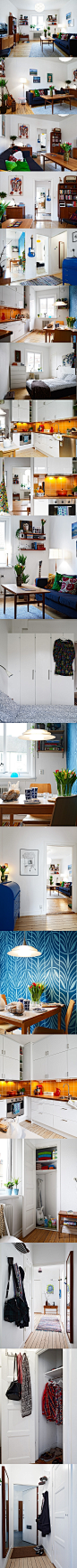 #家居#53平米蔚蓝春色的公寓，用色浓而不艳，蓝白色系的主色调跟橘黄色的厨房用色很搭效果也很赞~ 更多: http://www.lovewith.me/share/detail/all/30642