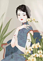 民国旗袍美人、老上海女人、美女插画
