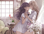 2girls black_eyes blonde_hair brown_hair cropped dress flowers kakmxxxny06 long_hair original shoujo_ai yellow_eyes