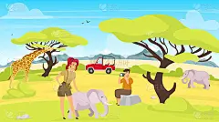 非洲探险平矢量插图。大草原上的长颈鹿和大象。女人和男人在拍摄南方的生物。绿色旅游景观。动物和人卡通人