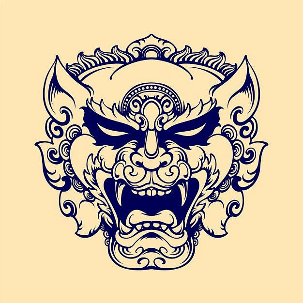 狮子面具门环传统插画矢量图素材