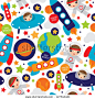 Seamless outer space ufo rocket science kids background pattern in vector - stock vector