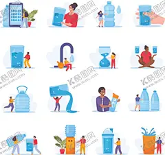 纯净水饮用水卡通插画 【酷图网】纯净水,饮用水,饮用水插画,桶装水,卡通插画,卡通人物插画,扁平风人物,人物插画,矢量人物,矢量元素,元素设计