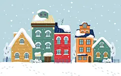 卡通圣诞节小镇社区房屋房子街道平安夜圣诞树雪景插画ai设计素材-淘宝网