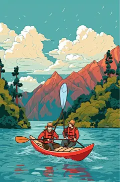 AI数字艺术手绘漂流划船水上活动旅游插画