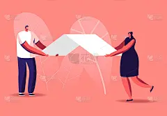 安全，抵押，房屋保险概念。手握白纸屋顶的男女角色。年轻夫妇做梦，买房或租房，房地产保护。卡通人物矢量