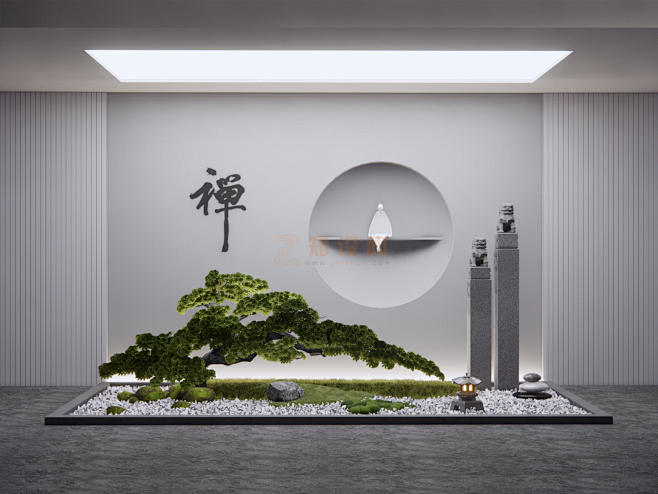 新中式庭院小品 禅意景观小品 植物造景 假山石头 罗汉松 栓马柱 室内景观 - SU模型 - 知设网