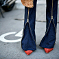 Pointy heels + zipper details pants street style fashion details.