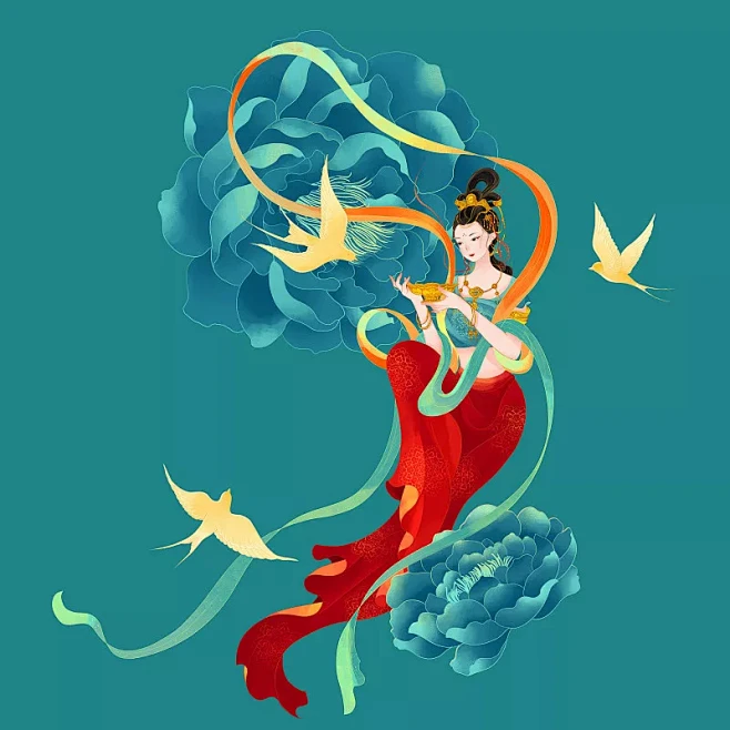 中国古代敦煌飞天舞女牡丹金燕国潮插画图片素材-花瓣网