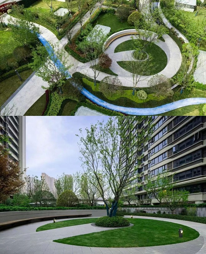 皖赣旭辉·翡翠江来 180平林下休憩空间，景墙搭配坐凳将场地围合，边界的处理，也采用了虚实结合的方式，局部释放视线可见外部绿林与内部融为一体。