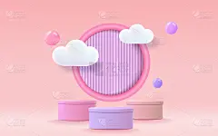 3D渲染平台，彩色粉彩背景，云和空白的儿童或婴儿产品