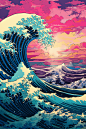 大海海浪夕阳浪花浮世绘背景插画