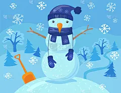 可爱的雪人戴着帽子和围巾在山上冬天