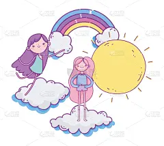云,丘比特,女孩,可爱的,太阳,幸福,彩虹,情人节