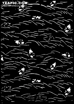 [黑白刻板画花纹流水纹上的鸳鸯]