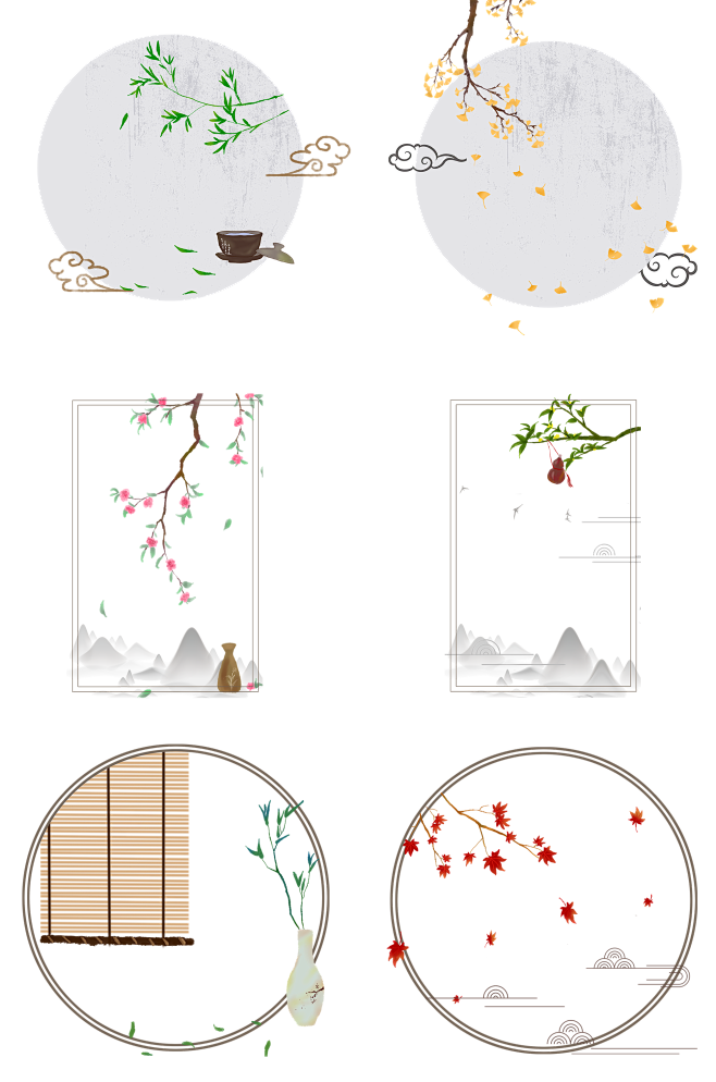 中国风红桃花葫芦树枝荷花手绘免