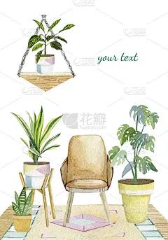 彩旗和盆栽。手工绘制装饰绿叶收集贺卡，海报。室内hom插图植物女士。
