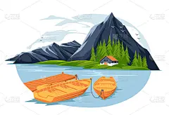 山湖岛上的旅游休息室，有小船和水柱。平面色彩斑斓的风景