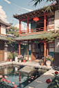 00861-1496859176-Architecture, summer _ eaves, _ blue sky, branches and during the day, the east Asian _ _ buildings, a summer pond, pond, (court