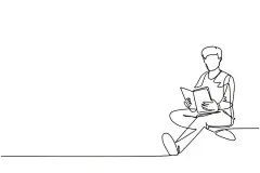 一笔画 | 图源免费EPS文件 |单线绘制的在家准备考试的聪明学生。年轻男子学习和读书。男性读者坐在地板上学习。连续线条绘制设计图形矢量插图