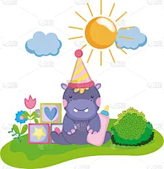 可爱的,小的,性格,河马,派对帽,儿童,婴儿,地形,华丽的,庆祝