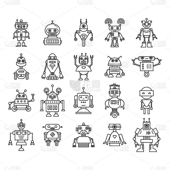 Robots collection vector line icon素材-花瓣网