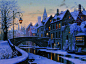 俄罗斯画家Evgeny Lushpin 冬夜之城油画作品欧洲城市的雪夜