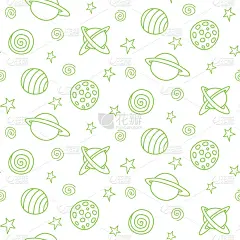 婴儿空间无缝模式。卡通蓝色轮廓行星和恒星。矢量宇宙背景和纹理。适合儿童设计，织物，包装纸，壁纸，纺织