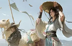 动漫 古风 古装女子 帽子 男子 剑  骆驼 4k壁纸
