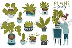 扁平风手绘绿植盆栽与卡通女孩 【酷图网】扁平风,手绘绿植盆栽,卡通女孩,扁平风插画,卡通插画,手绘插画,插画设计,矢量元素,元素设计