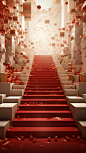 A red staircase with golden boxes, in the style of spatial concept art, festive atmosphere, daz3d, gold and red and white, scattered composition, editorial illustrations
