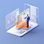 File analysis dashboard and folders, a male lawyer standing in front of the phone, microsoft style design, isometric design, orange and white glass, glow, transparency, blender, c4d 3d characters, oc renderer,--ar 16:9