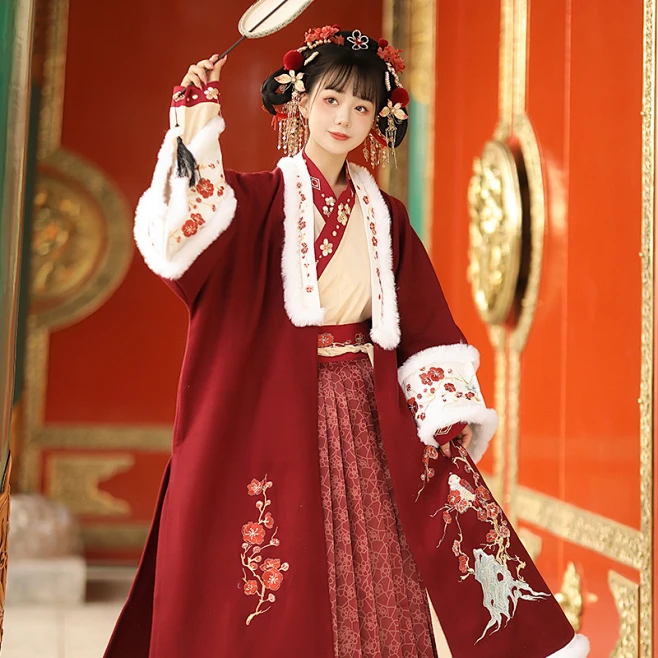 原创汉服女冬季新款宋制改良加厚长褙子中国风披风百褶裙古装日常-花瓣网