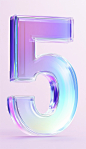 The number "5" is made of glass, with an iridescent gradient color scheme and a light purple background. The transparent crystal font has sharp edges on the surface, with high contrast between highlights and shadows. It features a white center i
