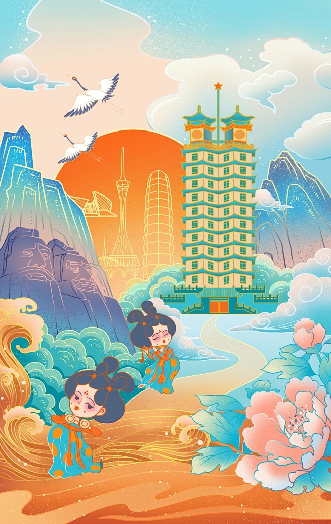 国潮插画—河南郑州地标建筑 大美河南_阿特猫design__插画师作品_涂鸦王国gracg.com