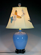 中式灯具 天蓝釉小冬瓜罐真丝手绘陶瓷台灯
