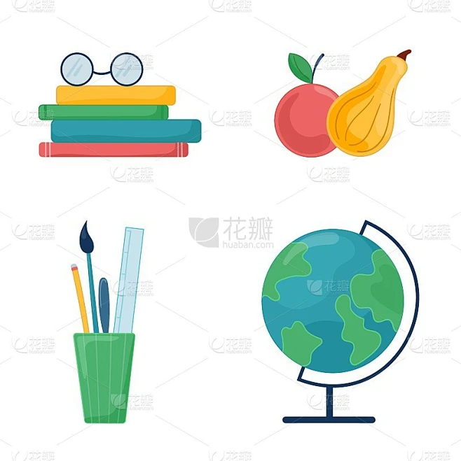 矢量插图学校科目设置:地球仪，眼镜，尺子，苹果，铅笔，刷子，书在白色孤立的背景。素材-花瓣网