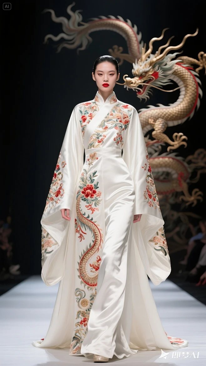 绣龙长袍,白色真丝面料,设计优雅,走秀时隆重大气,中国传统服装设计,高贵,精致细节,华丽的绣花,艺术与时尚的完美结合,亚洲服饰风格,红色唇彩 ...