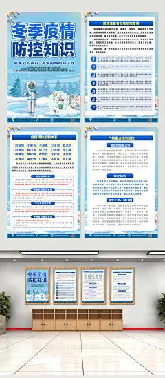 高端蓝色时尚冬季防疫疫情知识四件套海报