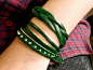 Grace Green Color Leather with Metal Rivets and Braided Mixed  Leather Bracelet-SALE